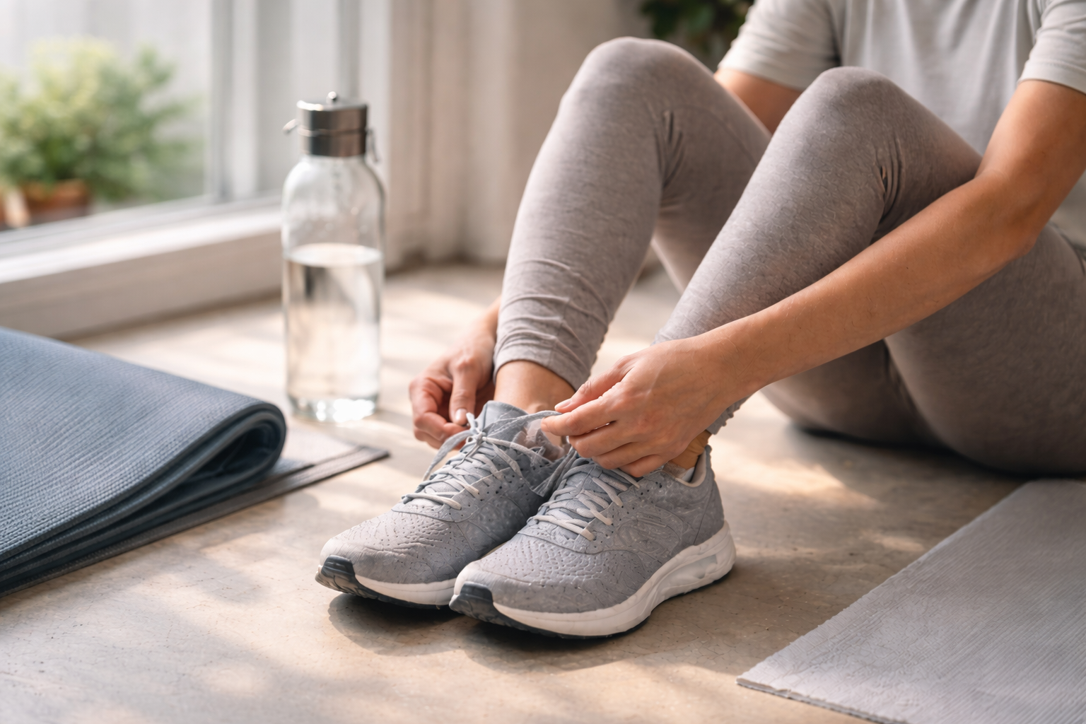 Adult tying running shoes beside yoga mat to support metabolic flexibility and energy balance