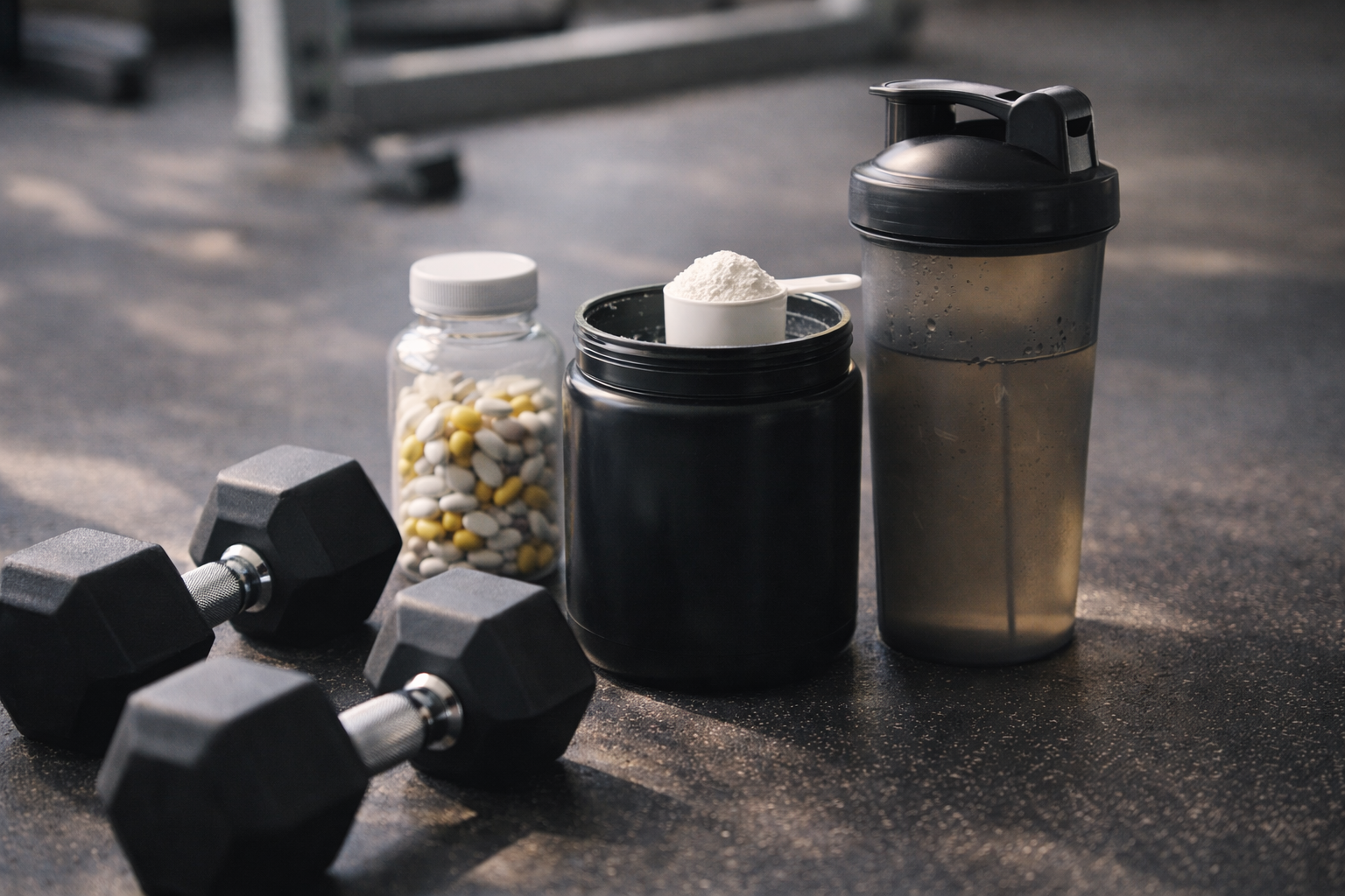 Dumbbells, shaker bottle, and supplements for weight regulation and fitness routine