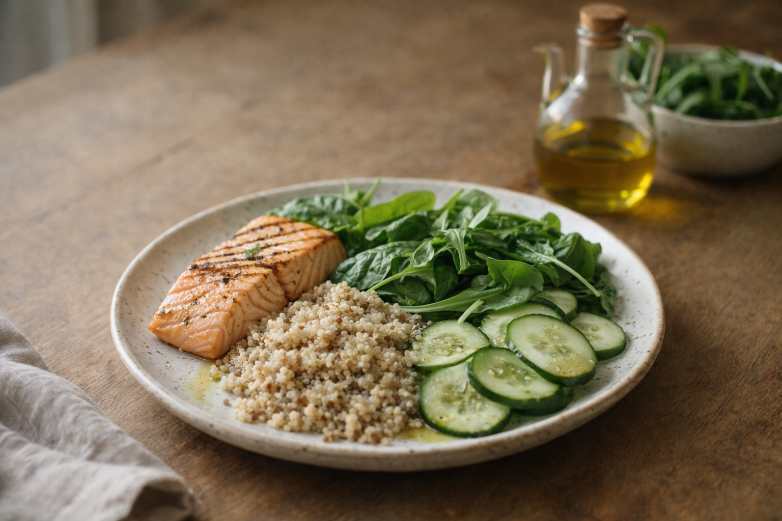 Balanced metabolic health meal with grilled salmon, quinoa, leafy greens, and cucumber on a ceramic plate