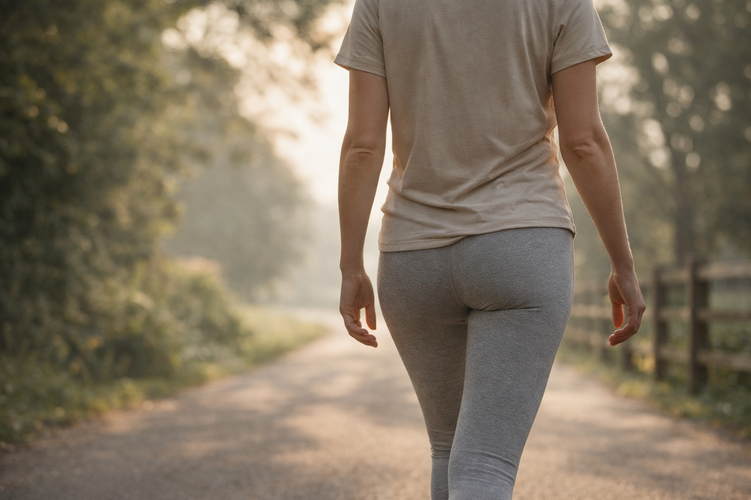 Active adult walking outdoors in soft morning light for metabolic energy and weight regulation