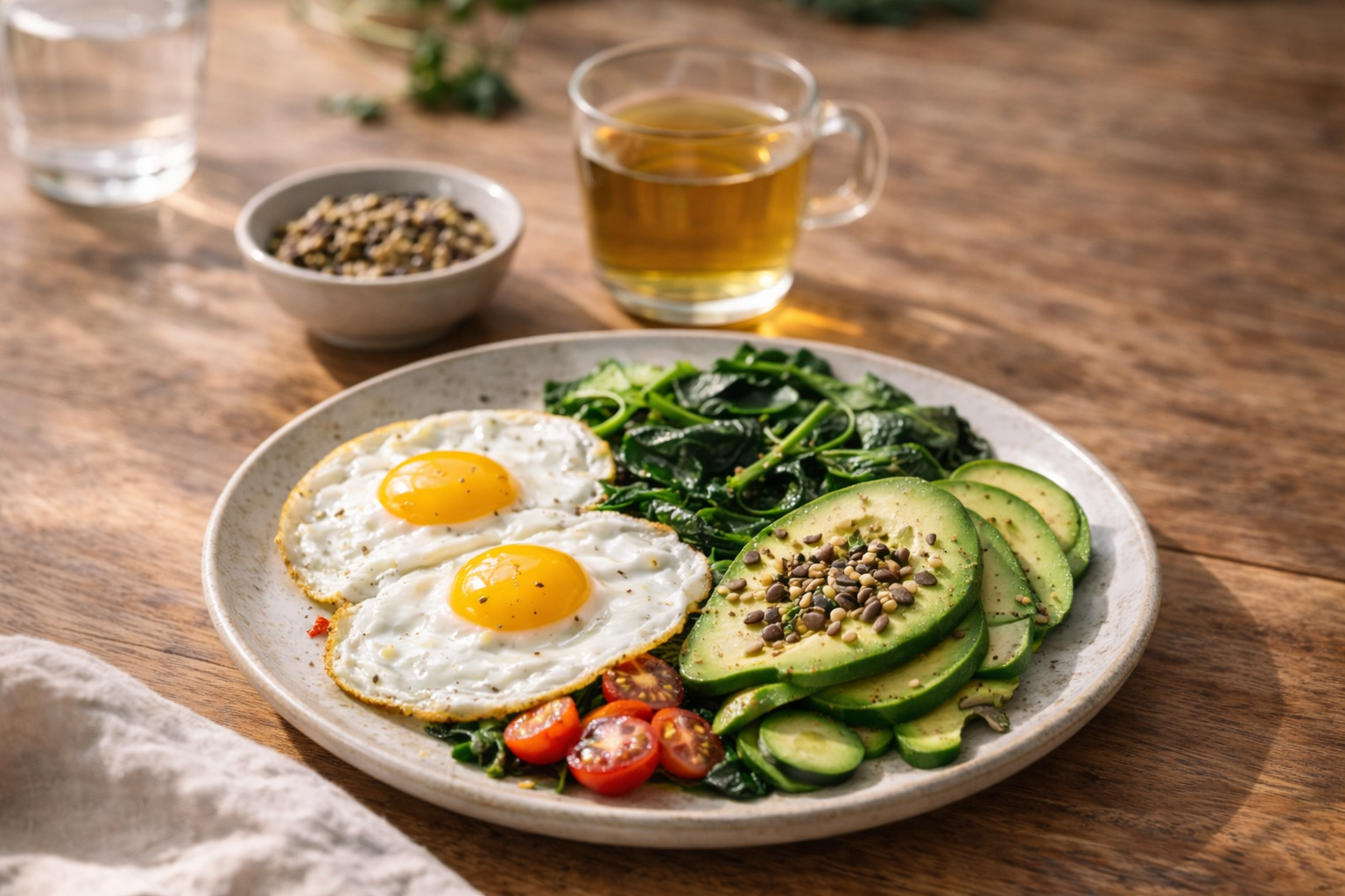 Healthy breakfast with eggs, greens, avocado, and tea for insulin sensitivity support