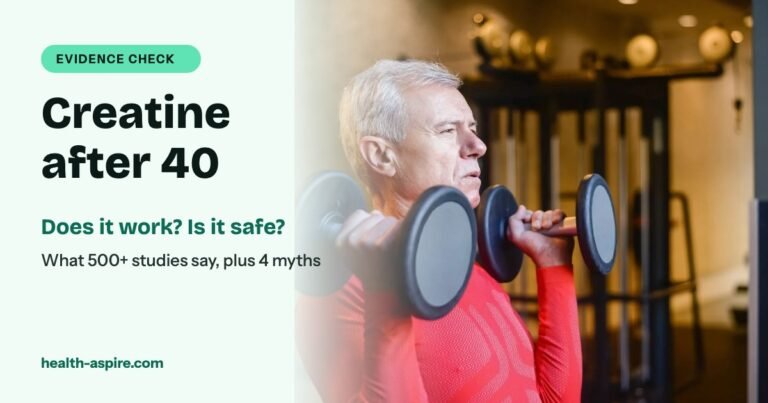 Creatine after 40: man over 50 lifting dumbbells, evidence check on benefits and myths