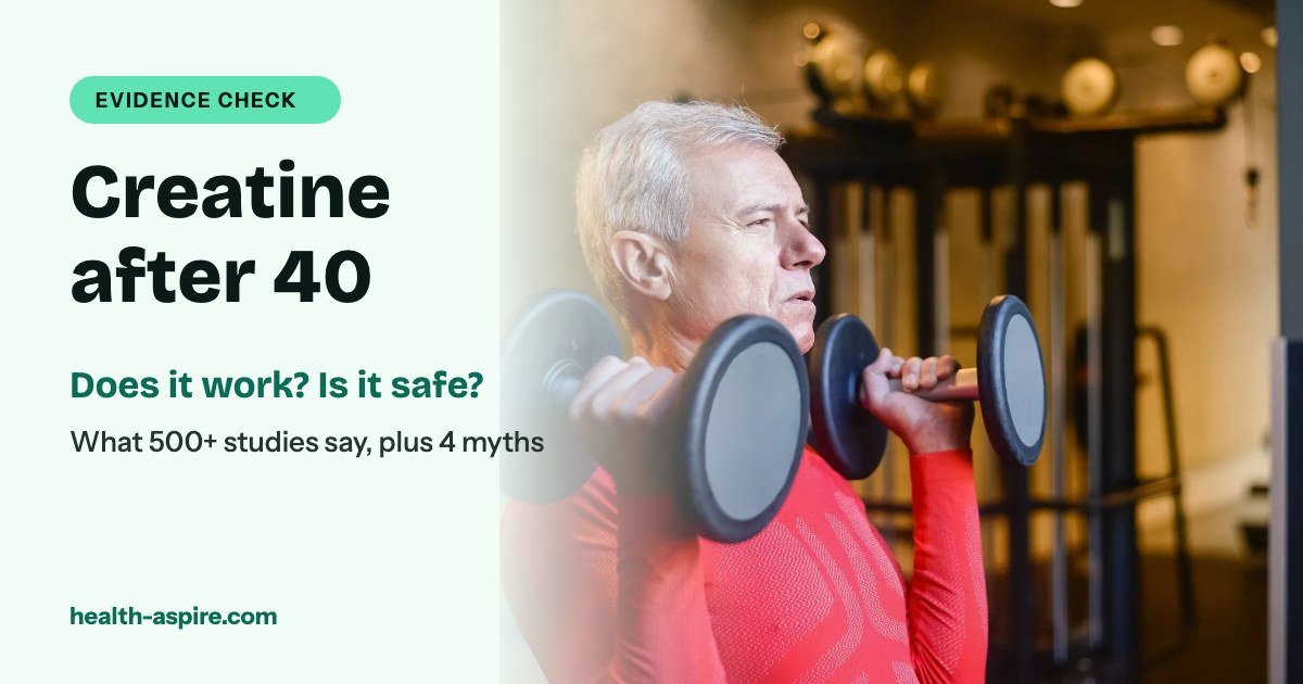 Creatine after 40: man over 50 lifting dumbbells, evidence check on benefits and myths